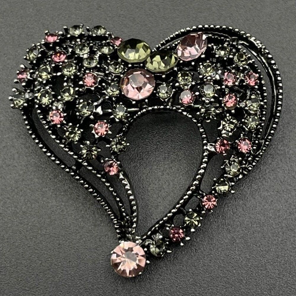 Gunmetal Gray with Pink Morganite and Olivine Crystal Heart Pin Back Brooch